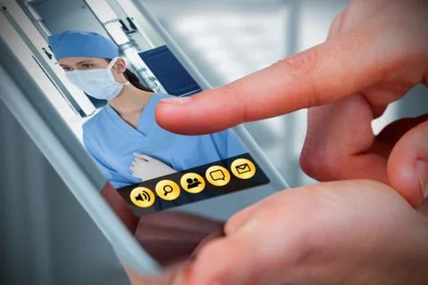 Composite image of hands using tablet on white background Stock Photos