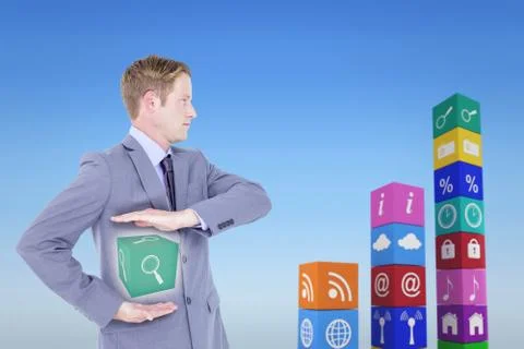 Composite image of handsome businessman gesturing with hands Illustrazione stock