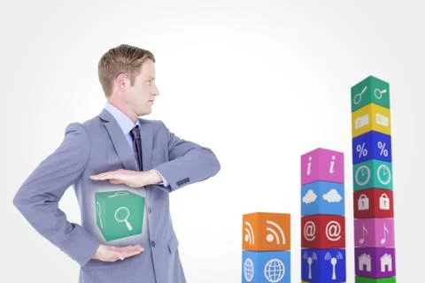 Composite image of handsome businessman gesturing with hands Stock Photos