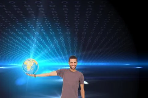 Composite image of handsome man holding out a globe 库存插图
