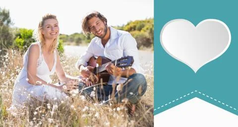 Composite image of handsome man serenading his girlfriend with guitar Stock Illustration