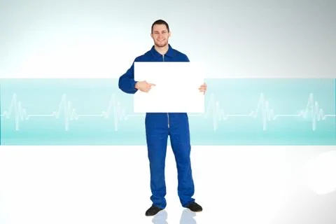 Composite image of handsome mechanic showing card Stock Illustration