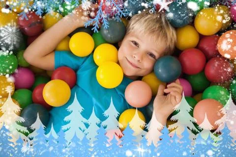 Composite image of happy boy playing in ball pool Stock Illustration