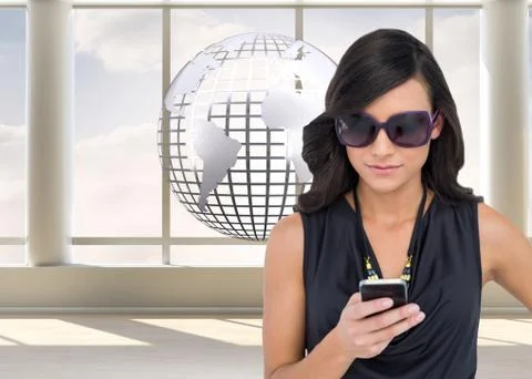 Composite image of happy brunette using smartphone Stock Illustration