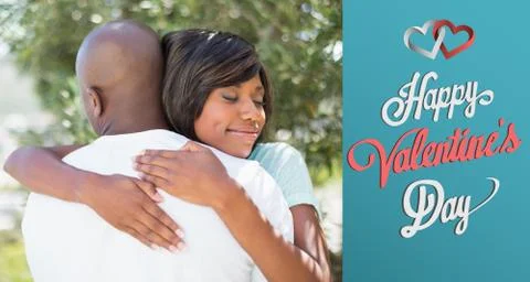 Composite image of happy couple hugging each other in garden Ilustração Stock