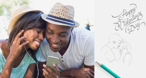 Composite image of happy couple lying in garden together listening to music Ilustração Stock