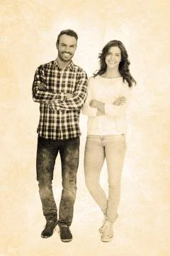 Composite image of happy couple standing with arms crossed Stock Photos