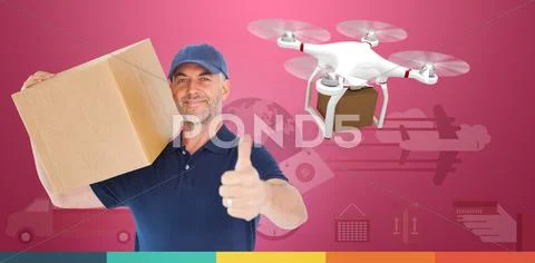 Composite Image Of Happy Delivery Man Holding Cardboard Box Showing Thumbs Up