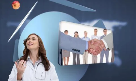 Composite image of happy doctor throwing apple Stock Illustration