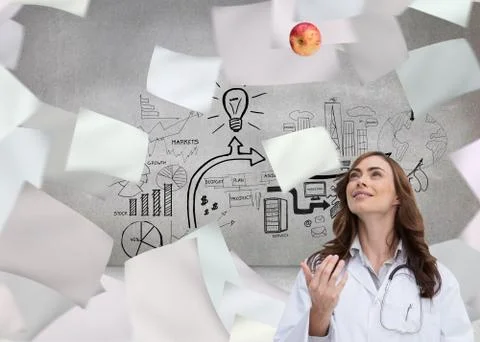 Composite image of happy doctor throwing apple Stock-Illustration