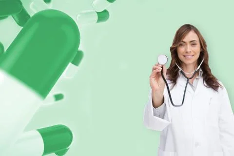 Composite image of happy doctor using stethoscope Stock Illustration