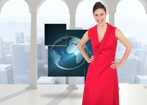 Composite image of happy elegant model in red dress posing Stock Illustration