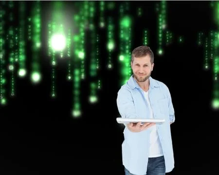 Composite image of happy man showing laptop to camera and smiling Stock Illustration