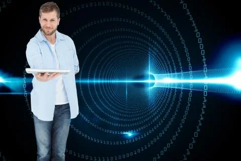 Composite image of happy man showing laptop to camera and smiling Illustrazione stock