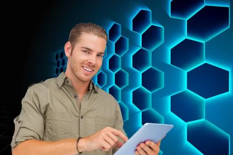 Composite image of happy man using tablet pc Stock Illustration