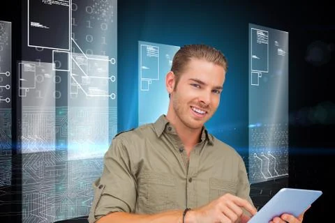 Composite image of happy man using tablet pc Stock Illustration