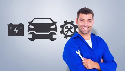 Composite image of happy mechanic holding spanner on white background Stock Illustration