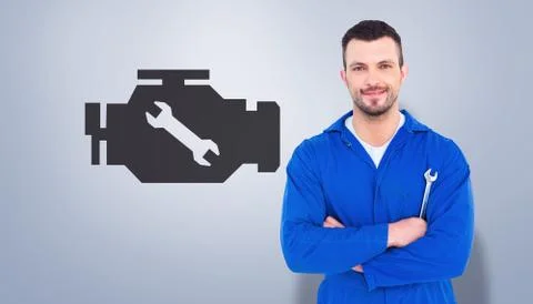 Composite image of happy mechanic holding spanner on white background Stock Illustration