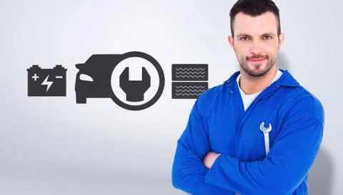Composite image of happy mechanic holding spanner on white background Stock Illustration