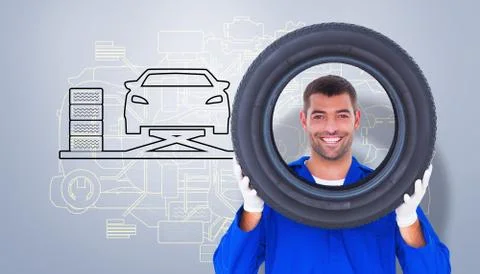 Composite image of happy mechanic looking through tire Stock Illustration