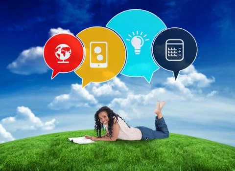 Composite image of happy student with speech bubbles Stock-Illustration