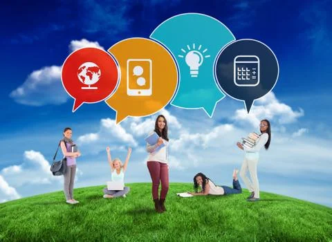 Composite image of happy students with speech bubbles Stock Illustration
