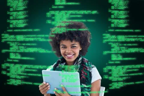 Composite image of happy woman using tablet Stock Photos