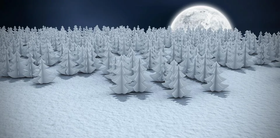 Composite image of high angle view of christmas trees at forest on snowy fiel Stock-Illustration