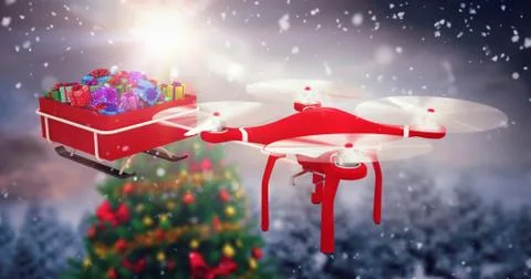Composite image of high angle view of flying drone pulling chirstmas sledge Stockillustratie