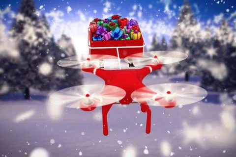 Composite image of high angle view of drone pulling chirstmas sledge イラスト素材