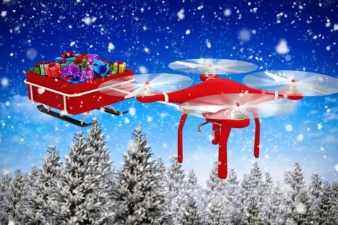 Composite image of high angle view of flying drone pulling chirstmas sledge Illustrazione stock