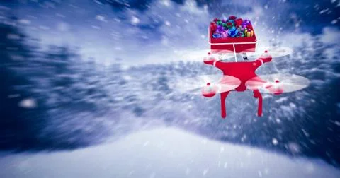 Composite image of high angle view of drone pulling chirstmas sledge 스톡 일러스트