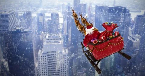 Composite image of high angle view of santa claus riding on sled during Ilustración de archivo