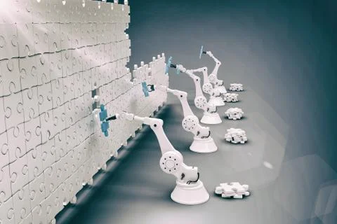 Composite image of high angle view of robotic hands arranging jigsaw pieces on 库存插图