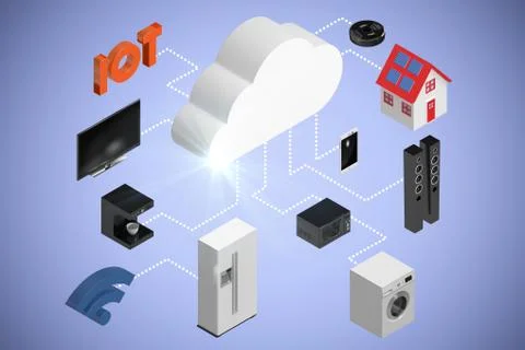 Composite image of high angle view of icons and cloud 3d Stock Illustration