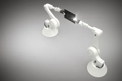 Composite image of high angle view of robots with computer tablet 3d Stock Illustration