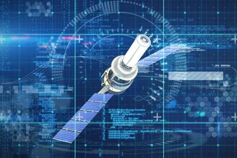 Composite image of high angle view of 3d modern solar satellite Stock Illustration