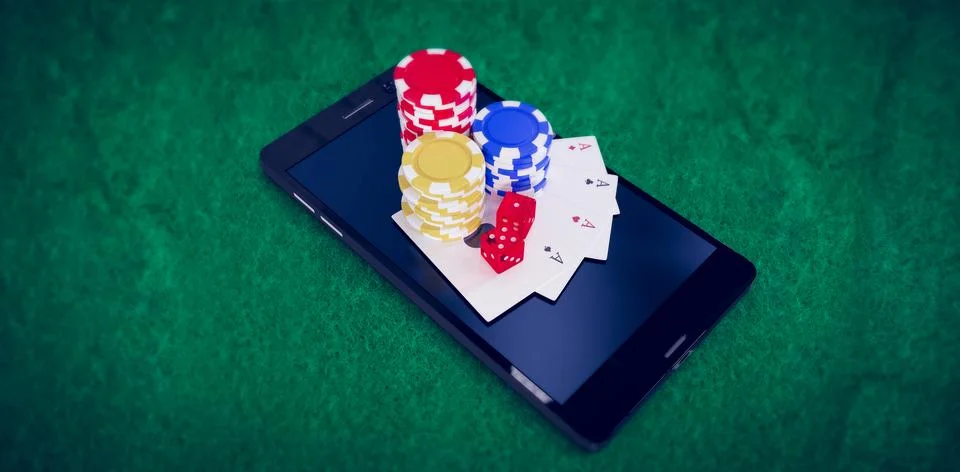 Composite image of high angle view of mobile phone with casino tokens and イラスト素材