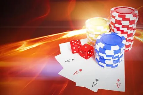 Composite image of high angle view of casino tokens with dice and playing cards Stock Illustration