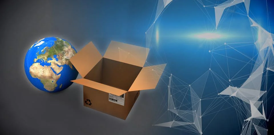 Composite image of high angle view of planet earth and cardboard box 스톡 일러스트