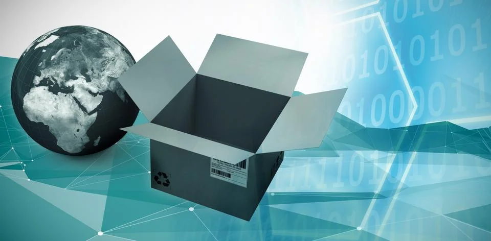 Composite image of high angle view of planet earth and cardboard box Illustrazione stock