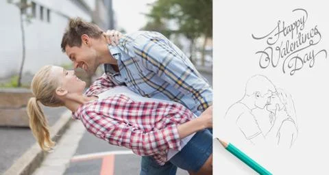 Composite image of hip romantic couple dancing in the street Ilustração Stock
