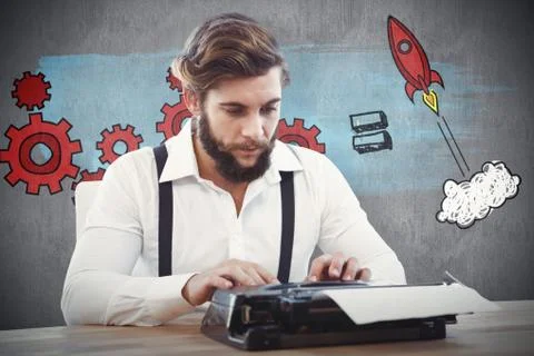 Composite image of hipster working on typewriter 스톡 사진