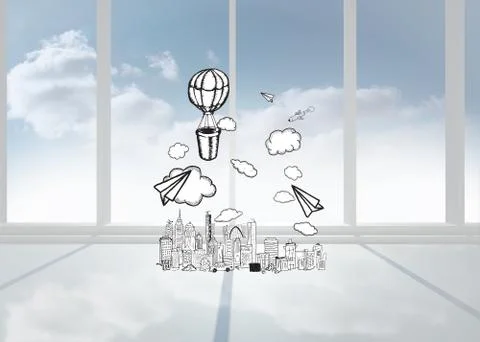 Composite image of hot air balloon over city Ilustração Stock