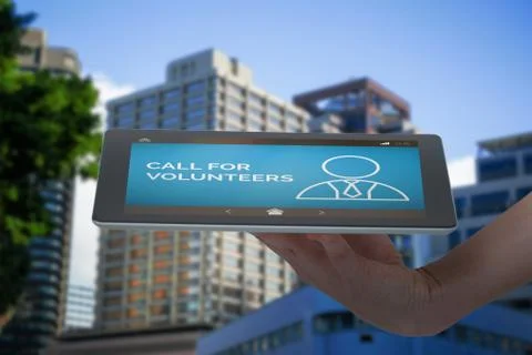 Composite image of human hand holding digital tablet against white background Stock Photos