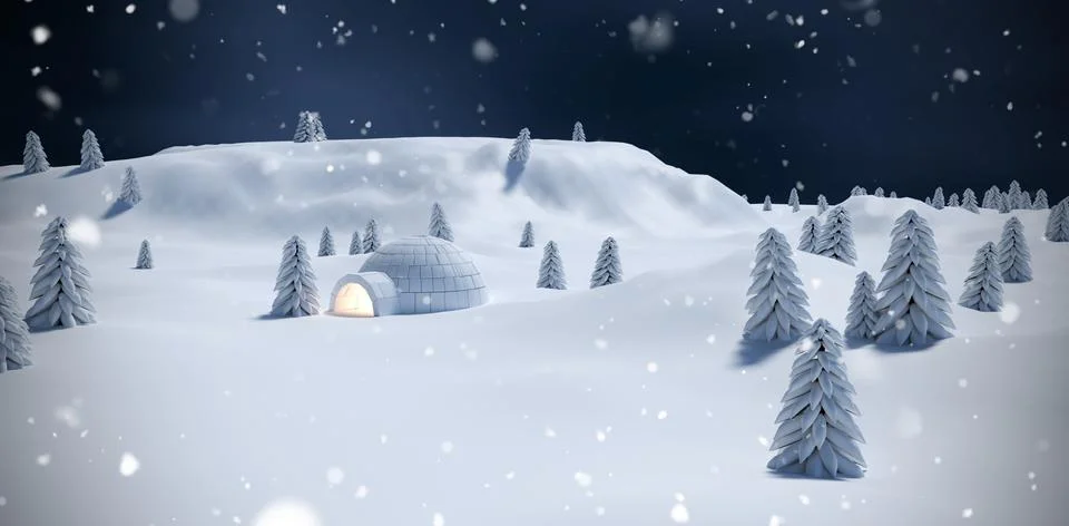 Composite image of illuminated igloo with trees on snow field Stock-Illustration