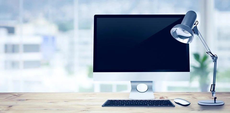 Composite image of image of a desk with computer Illustrazione stock