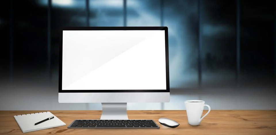 Composite image of image of a desk with computer Stock Illustration