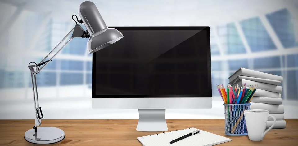 Composite image of image of a desk with computer Ilustración de archivo