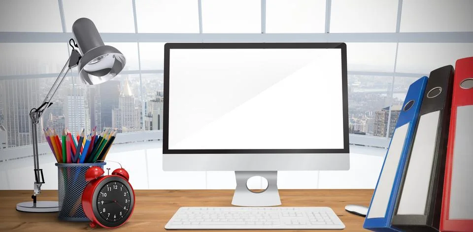 Composite image of image of a desk with computer Stock Illustration